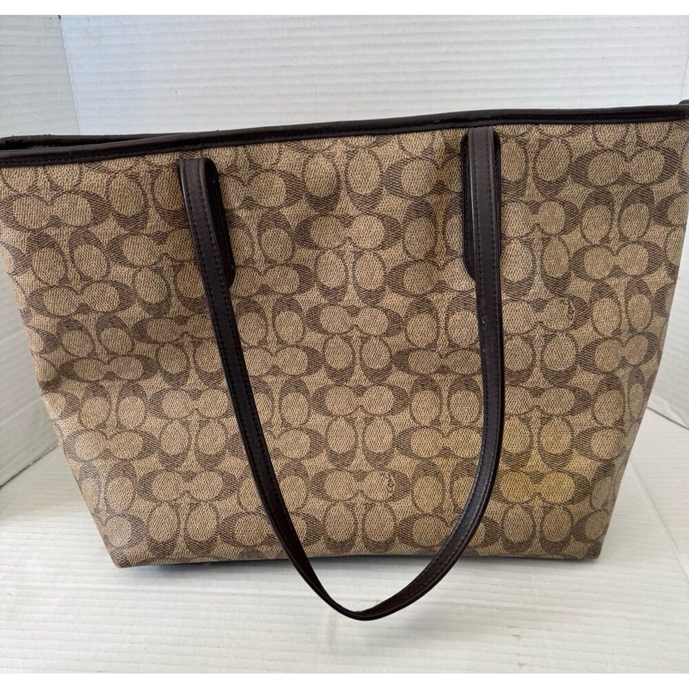 Coach City Tote Signature Leather Canvas Tote 5696 Shoulder Bag Purse Brown - Picture 3 of 8